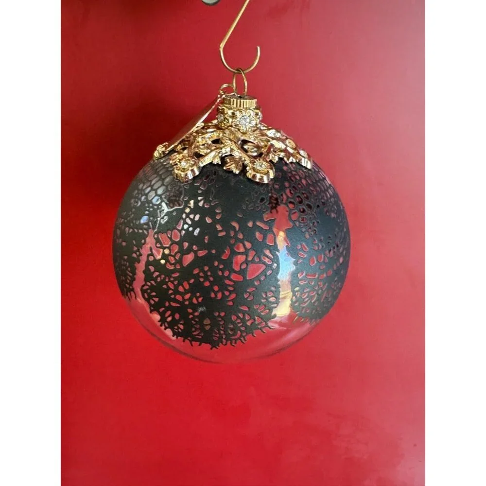 Jason Wu Large Glass Ornament Gold  Rhinestone Trimmed Black Lace Designer Tag - Picture 9 of 9
